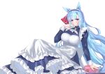  1girl absurdres alternate_costume animal_ears apron blue_dress blue_hair blush box box_of_chocolates braid breasts cela_f chocolate commentary_request crown_braid dress ear_ornament ear_ribbon enmaided frilled_apron frills gift heart-shaped_box highres horse_ears horse_girl juliet_sleeves large_breasts long_hair long_sleeves looking_at_viewer maid maid_apron maid_headdress mejiro_ardan_(umamusume) puffy_sleeves purple_eyes simple_background sitting smile solo umamusume valentine white_apron 