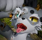 3d_(artwork) anthro bodily_fluids detailed_background digital_media_(artwork) domestic_cat duo felid feline felis fur glistening glistening_mouth glistening_tongue gold_tattoo grey_body grey_fur heterochromia horn imminent_vore male male/male mammal mayu_(azuki) mouth_shot open_mouth oral_vore peq42 peq_(peq42) saliva saliva_string sharp_teeth size_difference teeth throat tongue uvula vore yellow_horn
