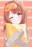  1girl absurdres braid brown_hair closed_mouth commentary_request head_tilt highres hugging_object long_sleeves looking_at_viewer one_eye_closed orange_background orange_eyes pillow sendo_yuuhi sendo_yuuhi_(loungewear) simple_background sleep_mask solo tsui_(dfjw5724) twin_braids virtual_youtuber vspo! 