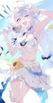  1girl :o ;o absurdres bikini blue_hair breasts cleavage commentary_request eyewear_on_head green_eyes hair_ornament halo head_wings heart heart-shaped_eyewear highres holding holding_microphone honkai:_star_rail honkai_(series) jewelry large_breasts long_hair looking_at_viewer microphone nail_polish navel necklace official_alternate_costume one_eye_closed robin_(honkai:_star_rail) robin_(summeretto)_(honkai:_star_rail) sandals sarong solo starfish_hair_ornament stomach sunglasses swimsuit syuje toenail_polish toenails toes very_long_hair white_bikini white_sarong white_wings wings 