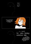  1girl 1other black_background blush clinickcase collared_shirt english_commentary english_text fate/grand_order fate_(series) fujimaru_ritsuka_(female) hair_behind_ear highres looking_down one_side_up open_mouth orange_hair shirt smile 