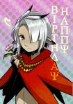  1boy black_bridal_gauntlets black_hair bridal_gauntlets capelet closed_mouth commentary_request dark-skinned_male dark_skin flower grey_hair hand_up happy_birthday heart holding holding_flower looking_at_viewer male_focus mercury9 multicolored_hair mystic_(sekaiju) mystic_3_(sekaiju) pink_flower pointy_ears polka_dot polka_dot_background purple_eyes red_capelet sekaiju_no_meikyuu sekaiju_no_meikyuu_4 short_hair smile solo two-tone_hair upper_body 