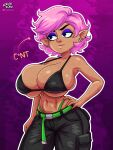 absurd_res alien alien_humanoid alvarikokearte artist_name belt big_breasts bikini bikini_top black_eyebrows black_eyes blue_eyeshadow bottomwear breasts clothing ear_piercing eyebrows eyelashes eyeshadow female green_belt green_clothing green_thong green_underwear hair hand_on_hip hi_res humanoid humanoid_pointy_ears kiki_(lsp) lesbian_space_princess makeup narrowed_eyes navel pants piercing pink_hair pointy_ears short_hair small_waist solo swimwear tan_body tan_skin text thick_eyebrows thong two-piece_swimsuit underwear watermark