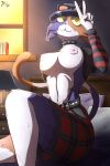 anthro areola bottomwear breasts calico_cat clothed clothing clothing_lift collar domestic_cat epic_games felid feline felis female fortnite gesture glowing glowing_eyes hand_gesture hi_res jackkosmatfa mammal meow_skulls nipples shirt shirt_lift skirt solo spiked_collar spikes topwear v_sign yellow_eyes