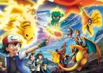  1girl 3boys :d artist_request ash_ketchum baseball_cap bird black_hair black_shirt black_vest blue_jacket blue_shirt blue_sky blurry brown_eyes brown_hair charizard claws clenched_hand clenched_hands cloud colored_sclera commentary cross_(pokemon) day dragon electricity english_commentary fangs fighting fingerless_gloves fire flame-tipped_tail gloves green_eyes green_gloves green_hair hair_between_eyes hat ho-oh holding holding_pokemon incineroar jacket jewelry key_visual layered_sleeves long_sleeves lucario lycanroc lycanroc_(midnight) marshadow marshadow_(zenith) midair mountainous_horizon multiple_boys necklace official_art open_clothes open_jacket open_mouth open_vest orange_eyes orange_hair outdoors outstretched_arm pikachu piplup pointing pokemon pokemon_(anime) pokemon_(creature) pokemon_the_movie:_i_choose_you! promotional_art rainbow_feather_(pokemon) red_eyes red_hat sharp_teeth shirt short_hair short_over_long_sleeves short_sleeves shorts sky smile sorrel_(pokemon) sparkle tail teeth third-party_source upper_teeth_only v-shaped_eyebrows verity_(pokemon) vest white_jacket white_shirt white_shorts yellow_aura yellow_sclera 