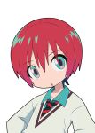 1girl :o amate_yuzuriha aqua_eyes aqua_shirt collared_shirt commentary_request diagonal-striped_clothes gundam gundam_gquuuuuux hair_between_eyes head_tilt highres long_sleeves looking_at_viewer multicolored_eyes multicolored_hair necktie open_mouth osaragi_mitama parted_lips red_hair red_necktie school_uniform shirt short_hair simple_background solo striped_clothes striped_necktie sweater two-tone_hair two-tone_necktie upper_body v-neck white_background 