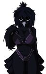 anthro avian beak bird black_body black_feathers black_hair bra breasts clothing corvid corvus_(genus) crow feathers female furryphilosophy hair hi_res lidded_eyes looking_at_viewer oscine panties passerine peg_(jaypeg) ponytail purple_bra purple_clothing purple_panties purple_underwear simple_background solo tail tail_feathers underwear white_background winged_arms wings