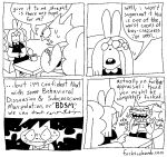 anthro blush bodily_fluids buckteeth clothing comic dialogue digital_media_(artwork) domestic_cat drooling duo english_text eyewear felid feline felis female fuchsiabomb glasses hi_res lagomorph leporid make_a_terrible_comic_day mammal monochrome one_fang pattern_clothing pattern_topwear profanity psychoperv_(fuchsiabomb) rabbit saliva sharp_teeth sitting striped_clothing striped_topwear stripes sweat teeth text therapy topwear trans_(lore) trans_woman_(lore)
