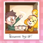 1:1 2023 animal_crossing anthro bangs bell_hair_tie bent_arm beverage biped black_eyebrows black_nose blonde_hair bow_tie brown_eyes brown_hair buckteeth button_(fastener) candy canid canine canis celebrating chair chocolate clinking closed_smile clothed clothed_anthro clothed_female clothed_human clothing collared_shirt colored container cookieboy011 cup dessert digital_drawing_(artwork) digital_media_(artwork) domestic_dog dress_shirt duo english_description english_text exclamation_point eyebrows eyes_closed facial_markings female female_anthro fist floppy_ears fluffy_ears food fur furniture green_clothing green_sweater green_topwear hair happy head_markings holding_container holding_cup holding_mug holding_object hot_chocolate human inside isabelle_(animal_crossing) leaning_on_table light lighting looking_at_another lop_ears male male_human mammal markings marshmallow mouth_closed mug multicolored_body multicolored_fur multicolored_hair nintendo number on_chair open_mouth open_smile orange_ears orange_hair pattern_background photo pink_background pink_tongue plaid plaid_background ponytail red_bow_tie red_hair_tie red_nose shaded shih_tzu shirt short_hair simple_background sitting sitting_on_chair smile smiling_at_another steam story story_in_description straight_arm sweater tan_body tan_skin tan_wall teeth text thin_eyebrows title tongue topwear toy_dog triangle_nose two_tone_hair villager_(animal_crossing) wall_(structure) white_clothing white_dress_shirt white_markings white_sclera white_topwear yellow_body yellow_clothing yellow_fur yellow_sweater yellow_topwear