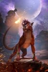  1boy artist_name canyon claws commentary english_commentary evening fangs feather_hair fiery_tail final_fantasy final_fantasy_vii fire gold_bangle highres moon night red_fur red_xiii sky sparks spectrum_shift star_(sky) starry_sky tail twitter_username 