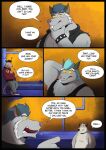 2026 4_fingers absurd_res black_nose bottomwear brok_the_investigator changedbass clothing comic cowcat_games dart_(brok_the_investigator) detailed_background dialogue duo english_text exclamation_point facial_hair fingers fur generic_rat_(brok_the_investigator) grey_body grey_fur hi_res humanoid_hands kins_(brok_the_investigator) male mammal murid murine mustache overweight overweight_male pants rat rodent shirt solo squealers_chief standing tail text topwear