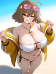  1girl ahoge anis_(nikke) anis_(sparkling_summer)_(nikke) aviator_sunglasses beach bikini breasts brown_hair cat_hair_ornament cat_ornament catfoxart cleavage collarbone commentary_request cowboy_shot eyepatch_bikini eyewear_on_head goddess_of_victory:_nikke gradient_background hair_ornament highres jacket jewelry korean_commentary large_breasts long_sleeves navel necklace official_alternate_costume open_clothes open_jacket parted_lips pink-tinted_eyewear sand side-tie_bikini_bottom signature smile solo star_(symbol) star_necklace sunglasses swimsuit tinted_eyewear water white_bikini yellow_eyes yellow_jacket 
