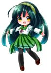  1girl absurdres ahoge black_pantyhose brown_shoes chibi chibi_only edomura_niniko full_body green_hair green_hairband green_sailor_collar green_skirt hairband highres long_hair long_sleeves neck_ribbon official_art outstretched_arms pantyhose pleated_skirt red_ribbon ribbon sailor_collar school_uniform second-party_source serafuku shirt shoes simple_background skirt solo spread_arms standing standing_on_one_leg touhoku_zunko transparent_background very_long_hair voiceroid white_background white_shirt yellow_eyes 