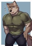 2026 absurd_res anthro big_muscles big_pecs biped black_bottomwear black_clothing black_nose black_pants blue_background bodily_fluids border bottomwear brown_body brown_ear_tips brown_eyebrows brown_fur brown_tail canid canine cheek_tuft claws clothed clothed_anthro clothed_male clothing dialogue digital_drawing_(artwork) digital_media_(artwork) dipstick_ears ear_markings eyebrows facial_tuft fangs finger_claws fingers fully_clothed fully_clothed_anthro fully_clothed_male fur glistening glistening_eyes glistening_nose green_clothing green_shirt green_topwear hand_on_leg hand_on_own_leg hand_on_own_thigh hand_on_thigh hi_res huge_pecs japanese_description japanese_text looking_at_viewer male male_anthro mammal markings multicolored_ears muscular muscular_anthro muscular_male navel_outline nipple_outline norakemo777 open_mouth outside_border pants pecs question shirt simple_background solo sweat tail talking_to_viewer teal_eyes teeth text tongue topwear translated tuft white_border