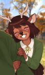 3d_(artwork) 3d_background anthro arm_grab autumn black_lips blush blush_lines bottomwear brown_body brown_bottomwear brown_clothing brown_fingernails brown_fur brown_hair brown_nails brown_nose brown_skirt clothing colored_nails deer digital_drawing_(artwork) digital_media_(artwork) duo ears_up eyes_closed fawn_spots female fingernails first_person_view fur green_cardigan green_clothing green_jacket green_topwear griffin_holloway hair head_tilt hi_res human human_on_anthro interspecies jacket lips love male mammal mixed_media nails new_world_deer outside reindeer ribbon_tie ruby_cedar short_hair skirt smile smiling_at_viewer sovetski story_at_source topwear white_collared_shirt