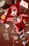  1girl absurdres ace_(playing_card) ace_of_clubs ace_of_diamonds ace_of_hearts ace_of_spades asymmetrical_legwear black_bow black_bowtie black_eyes black_hat black_shorts black_socks blazer blunt_bangs blurry blurry_foreground bow bowtie brown_background card club_(shape) collared_shirt commentary diamond_(shape) drill_hair foreshortening full_body glint gloves hair_bow hat heart heart_on_cheek highres holding holding_wand jacket kasane_teto keicha_(k_keicha_) kneehighs light_particles low_block_heels open_mouth playing_card red_hair red_jacket red_shoes shadow shirt shoe_ruff shoes shorts single_kneehigh single_sock single_thighhigh sleeve_cuffs socks solo song_name spade_(shape) string string_phone striped_clothes striped_thighhighs synthesizer_v thighhighs top_hat translated trick_heart_(synthesizer_v) twin_drills two-tone_bow two-tone_legwear uneven_legwear utau wand wavy_background white_bow white_gloves white_shirt white_socks 