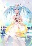  :d bare_shoulders blue_eyes blue_hair goodsmile_company goodsmile_racing hatsune_miku lloule long_hair looking_at_viewer open_mouth race_queen racing_miku racing_miku_(2015) sitting smile solo tiara twintails umbrella vocaloid 