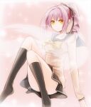  1girl black_ribbon black_skirt black_socks breasts cardigan closed_mouth commentary_request drill_hair hair_ornament hair_ribbon hair_scrunchie kugayama_rion long_sleeves medium_breasts pink_hair pleated_skirt ponytail ribbon sano_(merrymerry) scrunchie sidelocks single_drill skirt smile socks solo sparkle thighhighs tokyo_xanadu transparent_wings white_scrunchie wings yellow_cardigan yellow_eyes 
