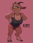 3:4 5_fingers annoyed anthro artist_name athletic athletic_female belly big_breasts black_clothing black_eyes black_hooves black_horn bovid breasts brown_body brown_fur caprine cheek_tuft clothing colored countershade_torso countershading curvy_figure curvy_horns deltoids disappointed eyebrows eyelashes facial_tuft female fingers fur goat hair hand_on_hip head_tuft hi_res hooves horn huge_breasts kirymaster lips long_ears looking_at_viewer makeup mammal natural_breasts pink_background raised_arm red_clothing sagging_breasts shaded shirt short short_hair simple_background size_difference smaller_female solo standing text thick_lips thick_thighs topwear tuft vein veiny_breasts wide_hips