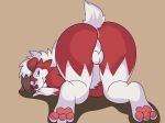 absurd_res all_fours anthro anus ass_up backsack balls big_butt blue_eyes butt canid canine dinim fur generation_7_pokemon genitals gloves_(marking) hi_res kneeling looking_at_viewer looking_back looking_back_at_viewer lycanroc male mammal markings midnight_lycanroc multicolored_body multicolored_fur nintendo nude nude_anthro nude_male pawpads perineum pokemon pokemon_(species) presenting presenting_hindquarters red_body red_fur simple_background solo tan_background thick_thighs two_tone_body two_tone_fur white_body white_fur