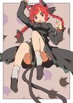  animal_ears arm_up bow braid cat_ears cat_tail convenient_censoring dress extra_ears full_body hair_bow hair_ornament hasebe_yuusaku kaenbyou_rin long_hair long_sleeves multiple_tails open_mouth puffy_sleeves red_eyes red_hair socks solo tail touhou twin_braids white_legwear 