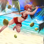  1girl barefoot beach coconut fire_emblem fire_emblem_if highres hinoka_(fire_emblem_if) ocean official_art palm_tree red_hair sand short_hair solo sports_bra staff sunlight swim_trunks toned 