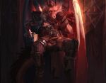 anthro armor armwear back_wings balls banner big_balls black_sclera bottomwear bottomwear_aside chair cheek_tattoo clothed clothing clothing_aside detailed detailed_background dragon european_mythology f0rfeit folded_wings furniture genitals hi_res horn leather leather_armwear leather_clothing light light_beam loincloth loincloth_aside loincloth_only looking_at_viewer male maned_dragon mythological_creature mythological_scalie mythology nose_scar prosthetic prosthetic_arm prosthetic_leg prosthetic_limb prosthetic_wing pupils red_pupils scalie sitting solo spread_legs spreading sunbeam sunlight tapping_finger thinking throne throne_room topless unknown_artist waiting western_dragon wings