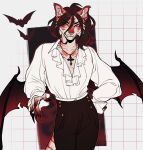 2023 anthro black_bottomwear black_clothing bottomwear brg9u brown_hair claws clothed clothing collarbone cross digital_media_(artwork) fangs felid front_view fully_clothed fur hair hi_res inner_ear_fluff jewelry looking_at_viewer male mammal membrane_(anatomy) membranous_wings necklace pantherine pants red_eyes shirt simple_background smile solo standing teeth tiger topwear tuft vampire white_clothing white_shirt white_topwear wings