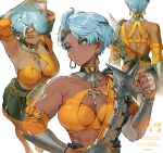  1girl arm_guards armor arms_behind_head arms_up back blue_eyes blue_hair breasts cleavage commentary_request dark-skinned_female dark_skin earrings ekao fire_emblem fire_emblem:_fortune's_weave green_skirt halterneck headband jewelry medium_breasts multiple_views noctula_(fire_emblem) parted_lips pauldrons pixie_cut short_hair shoulder_armor single_bare_shoulder single_pauldron skirt smile spiked_pauldrons spikes stretching toned toned_female 