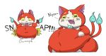 2_tails abdominal_bulge anthro asian_mythology belly belly_fur belly_overhang belt belt_snap big_belly blush bwomp candy chocolate clipped_ear clothing collar deep_navel dessert dialogue digital_media_(artwork) domestic_cat east_asian_mythology english_text fatdeerlady felid feline felis food fur japanese_mythology jibanyan level-5 male mammal markings multi_tail mythology navel navel_outline nya obese obese_male onomatopoeia open_mouth overweight overweight_anthro overweight_male red_body red_fur shortstack simple_background smile snap snapping solo soul sound_effects tail text thick_thighs torn_clothing weight_gain yo-kai_watch yokai