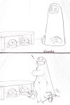 2026 2:3 2koma 4_fingers artist_name big_breasts big_eyes big_mouth_(anatomy) black_and_white black_text breasts clothed clothed_female clothed_humanoid clothing clothing_pull comic curvy_figure digital_drawing_(artwork) digital_media_(artwork) elzzombie empty_eyes english_description english_text exclamation_point featureless_hands female fingers furniture group hi_res hiding hourglass_figure humanoid humor inside iris larger_female legless legs_together looking_at_another looking_up looking_up_at_another machine male monochrome mouth_closed mouthless narrowed_eyes navel_outline no_pupils not_furry open_mouth r.e.p.o. robe robe_(r.e.p.o.) robe_pull robot semibot_(r.e.p.o.) size_difference smaller_male sound_effects standing surprised table text thick_thighs three-quarter_view trio under_table wide_eyed wide_hipped_female wide_hipped_humanoid wide_hips