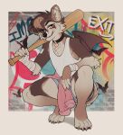 2022 5_fingers absurd_res anthro arm_tuft band-aid bandage bandage_on_face baseball_bat bat bat_(object) bottomwear brg9u brown_body brown_fur brown_hair canid canine canis cheek_tuft claws clothed clothing collar crouching domestic_dog ear_piercing facial_tuft fangs feet fingers fur hair hi_res hybrid looking_at_viewer male mammal membrane_(anatomy) membranous_wings piercing pink_clothing pink_eyes shirt shorts smile solo tan_body tan_fur tank_top teeth toes topwear tuft wings