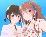  2girls alternate_costume alternate_hairstyle ashigara_(kancolle) black_hair blue_background blue_hairband blue_nails blush brown_eyes brown_hair bubble_tea closed_mouth commentary_request cup disposable_cup drinking_straw earrings floral_print haguro_(kancolle) hair_between_eyes hair_ribbon hairband holding holding_cup jewelry kantai_collection long_hair looking_at_viewer low_twintails multiple_girls nail_polish necklace one_eye_closed pink_nails red_ribbon ribbon selfie shirt short_sleeves short_twintails siblings sidelocks signature simple_background sisters smile totto_(naka) twintails upper_body v 