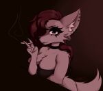 anthro big_ears black_choker black_jewelry black_necklace black_top breasts brown_background choker cigarette cleavage clothed clothing ear_piercing eyelashes female fluffy fluffy_tail fur hair half-closed_eyes half-length_portrait hi_res holding_cigarette holding_object jewelry leaning long_hair looking_at_viewer makeup narrowed_eyes necklace piercing pink_body pink_eyes pink_fur portrait red_hair signature simple_background smile smirk smoke smoking solo spaidynator strapless_clothing strapless_topwear tail topwear