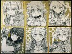  6+girls archer_(navigavi) armor auyn_(harten) breasts bright_pupils chain chain_necklace child church cleavage closed_mouth comiket_107 commentary_request cross cross_necklace eyelashes fantasy fingerless_gloves gauntlets gloves grin hair_between_eyes hair_ornament hairclip hands_up harten highres hood hood_down hoodie jewelry jun_(navigavi) large_breasts leaf_hair_ornament long_hair looking_at_viewer mask mask_pull medium_hair messy_hair monochrome mouth_mask multiple_girls necklace noble_(navigavi) original own_hands_together parted_lips pauldrons photo_(medium) pointy_ears portrait saint_(navigavi) scarf shirt short_sleeves shoulder_armor shrug_(clothing) sidelocks simple_background sister_(?)_(navigavi) sketch slit_pupils smile spot_color sweatdrop thief_(navigavi) tight_clothes tight_shirt traditional_media turtleneck turtleneck_shirt upper_body veil wrist_cuffs yellow_background 