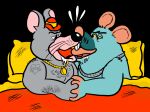 2026 absurd_res anthro bed bedding billy_fore black_nose blanket blue_body bodily_fluids charles_entertainment_cheese chuck_e._cheese's_pizzeria clothing duo furniture grey_body hand_holding hat headgear headwear hi_res kissing licking_tongue male male/male mammal mascot mature_male mouse murid murine pillow pink_nose rodent saliva slightly_chubby tattoo