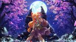  bare_arms bare_shoulders belt chain cherry_blossoms cuffs evil_grin evil_smile full_moon gourd grin hair_ornament hair_ribbon horn_ribbon horns ibuki_suika kaatoso long_hair looking_at_viewer low-tied_long_hair moon night night_sky orange_hair partially_submerged petals red_eyes ribbon rock sharp_teeth shirt skirt sky sleeveless smile solo teeth touhou water 