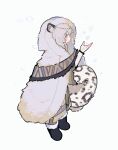  1girl absurdres animal_ear_fluff animal_ears arknights black_boots boots chinese_commentary cloak commentary_request from_side full_body fur_cloak grey_eyes grey_hair hair_between_eyes hand_up head_chain highres hood hood_up jewelry leyuanzhuifang long_hair long_sleeves pramanix_(arknights) profile simple_background snow_leopard_ears snow_leopard_girl snow_leopard_tail snowflakes solo standing tail white_background winter_clothes 
