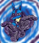2023 5_toes absurd_res ambiguous_gender anthro arm_spikes barefoot big_feet black_body black_fur blue_background blue_body blue_fur chest_spike crossed_feet crossed_legs curling_toes feet foot_fetish foot_focus fur generation_4_pokemon hi_res humanoid_feet looking_at_viewer lucario nintendo plantigrade pokemon pokemon_(species) red_eyes ryoosakuling simple_background sitting soles solo spikes spikes_(anatomy) toes traditional_media_(artwork)