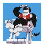 2026 5_fingers 5_toes anthro aquatic artist_name big_muscles big_pecs black_body border cetacean crossed_legs dolphin doritohead eyewear feet fin fingers foot_focus hi_res humanoid_feet humanoid_hands lifeguard lifeguard_chair lifeguard_swimsuit male mammal moby_(charles_swag683) muscular muscular_anthro muscular_arms muscular_legs muscular_male muscular_thighs oceanic_dolphin orca pecs plantigrade red_cross simple_background sitting solo sunglasses tail tail_fin text toes toothed_whale wearing_sunglasses white_body white_border