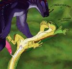 after_sex ambiguous_gender animal_genitalia anthro avian barbel_(anatomy) blue_eyes bodily_fluids brown_body brown_feathers cloaca cum cum_in_cloaca cum_inside cum_on_tail cum_strand dialogue duo english_text feathers genital_fluids genitals green_body green_feathers heart_symbol hybrid lying male male/ambiguous markings moss multicolored_body on_back orange_eyes penis pink_cloaca pink_penis plant profanity purple_body purple_scales ramul red_markings scales tail text yellow_body yellow_feathers