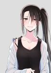  1girl alternate_costume black_hair black_tank_top blush bra_strap breasts brown_eyes collarbone commentary_request grey_background grin hair_between_eyes highres jacket jewelry kantai_collection long_hair long_sleeves looking_at_viewer medium_breasts nachi_(kancolle) necklace open_clothes open_jacket side_ponytail sidelocks signature simple_background sleeves_past_wrists smile strap_slip tank_top totto_(naka) upper_body very_long_hair white_jacket 