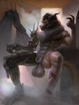 abs absurd_res animal_genitalia back_wings balls big_balls black_sclera bodily_fluids dragon european_mythology f0rfeit fully_sheathed genitals hi_res horn huge_balls huge_filesize leg_tattoo male mane maned_dragon muscular muscular_male mythological_creature mythological_scalie mythology prosthetic prosthetic_arm prosthetic_leg prosthetic_limb prosthetic_wing pupils raised_arm red_pupils sauna scalie sheath simple_background sitting small_waist solo spikes spikes_(anatomy) spread_legs spread_wings spreading steam sweat tattoo valve_man water western_dragon wings