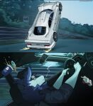 5_fingers absurd_res aerodynamics anthro black_clothing black_dress_shirt black_hat black_headwear blue_body blue_fur canid canine canis car car_accident car_in_the_air car_interior cellphone cigar cigar_smoke cigarette cigarette_box cigarette_in_mouth clothing coffee_cup container cup cute_fangs domestic_dog electronics eyeliner fangs female fingers floating_in_air fur hands_on_steering_wheel hat headgear headwear hi_res husky ma_ling_(tianiseul) makeup mammal marlboro_(brand) mercedes-benz multicolored_body multicolored_fur nordic_sled_dog nurburgring object_in_mouth phone race_car red_eyeliner rolled_up_sleeves scared smoke solo sparks speed_lines speeding spilling_drink spitz teeth tianiseul vehicle white_body white_fur yellow_eyes