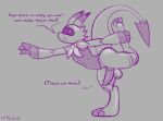 2026 2_horns anthro astral_dragon_(panazelmaria) balls big_penis bottomless claws clothed clothing dialogue digitigrade dipstick_horn dipstick_tail directional_arrow dot_eyes english_text erection felino finger_claws genitals horn kerchief male markings multicolored_horn oblivious on_one_leg open_mouth panazel_maria penis raised_leg simple_eyes sketch smile solo spade_tail speech_bubble standing stretching tail tail_markings tapering_penis text toe_claws topwear vest