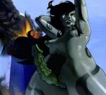 9/11 absurd_res alien alien_humanoid areola arm_tattoo armpit_stubble black_hair black_lips black_pubes black_tattoo breasts curly_pubes digital_media_(artwork) digital_painting_(artwork) empty_eyes english_text erection explosion eyebrow_piercing eyeshadow facial_piercing fangs genital_piercing genitals gold_piercing green_areola green_eyeshadow green_nipples green_penis green_vulva grey_body grey_skin hair hands_behind_head herm hi_res homestuck horn horned_humanoid humanoid intersex leg_tattoo lexigoons lip_piercing lips long_hair low-angle_view makeup medium_breasts ms_paint_adventures nipples nude orange_horn painting_(artwork) penis penis_piercing piercing porrim_maryam pubes ridged_penis smile smoke solo tattoo teeth text thigh_tattoo troll_(homestuck) vein veiny_penis vulva white_eyes world_trade_center