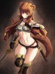  1girl absurdres animal_ear_fluff animal_ears armor armored_boots ayl3ss bare_shoulders belt bikini_armor blunt_bangs blush boots breastplate breasts brown_armor brown_background brown_belt brown_boots brown_hair chest_tattoo collarbone commentary cowboy_shot curvy derivative_work english_commentary green_armor grey_armor grey_boots hair_tubes hand_up highres holding holding_sword holding_weapon leather leather_armor leather_boots leg_up long_hair medium_breasts metal_arm_cuffs metal_hair_tubes metal_wrist_cuffs multicolored_boots navel official_alternate_costume panties pink_eyes raccoon_ears raccoon_girl raccoon_tail raphtalia red_panties scabbard sheath slave_brand slave_crest_(tate_no_yuusha_no_nariagari) smile solo stomach straight_hair sword tail tate_no_yuusha_no_nariagari tattoo thick_thighs thigh_boots thighs two-tone_armor two-tone_boots underwear unsheathed weapon wide_hips 