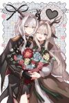  2girls :d ;d absurdres alina_(arknights) animal_ears antlers arknights ascot black_ascot black_gloves black_jacket black_ribbon blue_background blue_flower border bouquet brown_dress commentary cowboy_shot deer_antlers deer_ears deer_girl dragon_girl dragon_horns dress epaulettes fingerless_gloves flower gloves grey_eyes grey_hair hair_between_eyes hair_intakes heads_together heart highres holding holding_bouquet holding_hands horns interlocked_fingers jacket long_hair long_sleeves looking_at_viewer multiple_girls one_eye_closed open_mouth red_flower ribbon smile standing talulah_(arknights) talulah_the_fighter_(arknights) usagi9254 white_border yellow_flower 