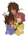  3others bandaid bob_cut brown_hair chara_(undertale) closed_eyes closed_mouth dark_skin deltarune freckles frisk_(undertale) goomyloid highres hood hoodie in-franchise_crossover jitome kris_(deltarune) leaf multiple_others red_eyes shirt smile sweater undertale utdr_(toby_fox) v 
