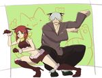  1boy 1girl animal_ears bare_shoulders blue_eyes boots breasts cat dezel_(tales) gloves green_background grey_hair hair_ornament high_heels midriff multicolored_hair navel open_mouth pants red_hair rose_(tales) scarf sharp_teeth short_hair short_shorts shorts simple_background tales_of_(series) tales_of_zestiria 